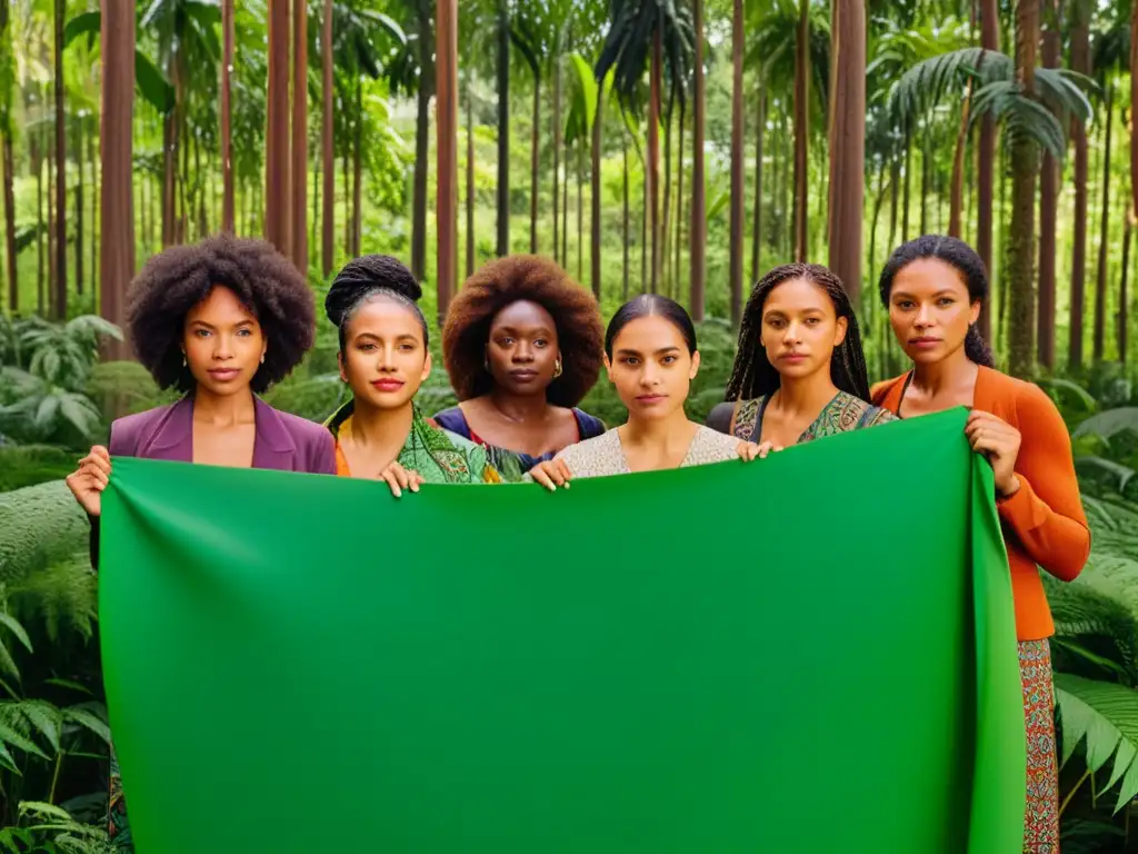 Grupo de mujeres ecofeministas destacadas en el bosque, unidas por la causa ambiental y feminista, con expresiones de pasión y determinación