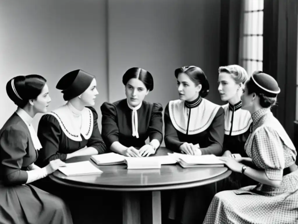 Grupo de mujeres empoderadas planificando en una reunión anarquista del siglo XX