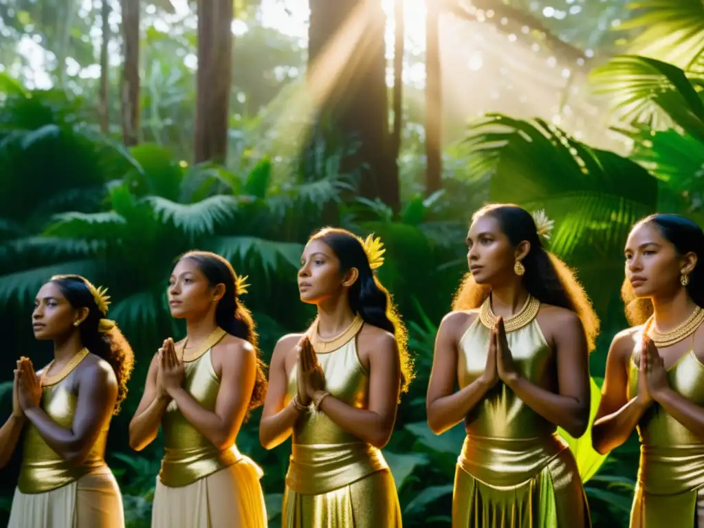 Un grupo de mujeres danzando en el bosque, envueltas en atuendos tradicionales oceanícos, irradiando poder femenino en tradiciones oceanía