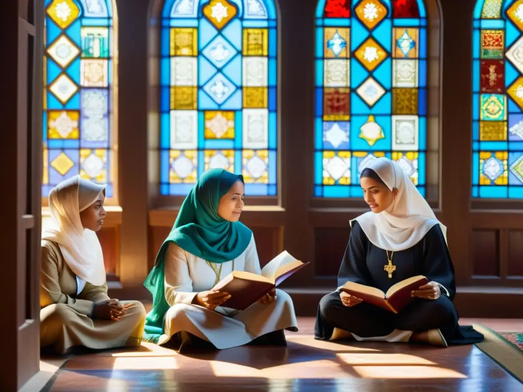 Grupo de mujeres eruditas musulmanas inmersas en profunda discusión rodeadas de antiguos textos e iluminadas por vitrales, destacando la importancia de mujeres en la filosofía islámica