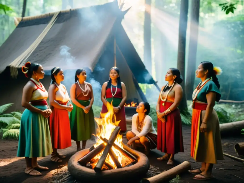 Grupo de mujeres indígenas en el bosque, celebrando ceremonia tradicional con una atmósfera mágica de conexión con la naturaleza y sabiduría ancestral