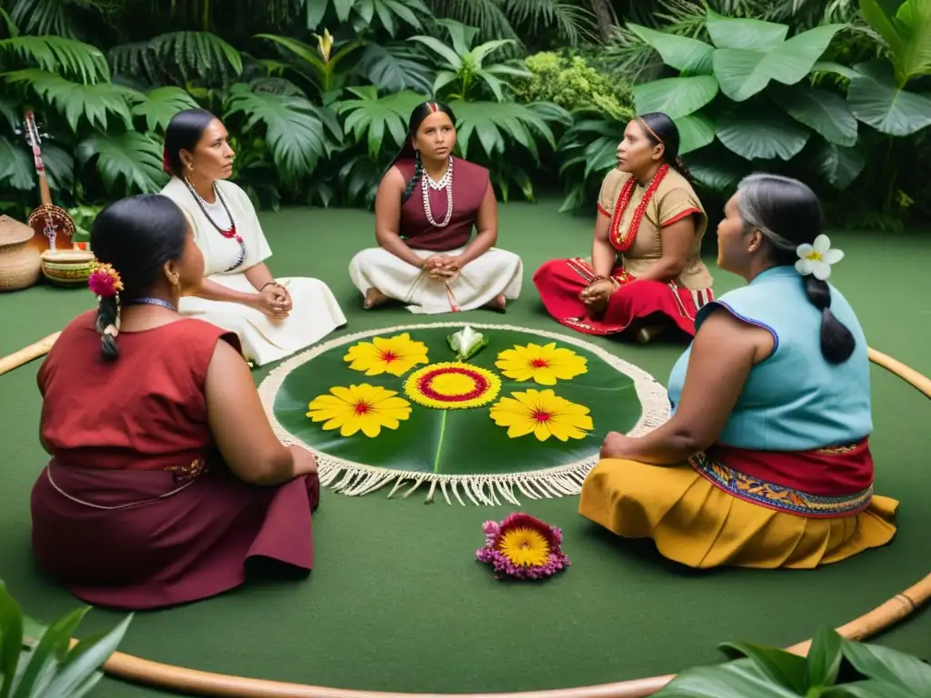 Grupo de mujeres indígenas empoderadas hablando en círculo, rodeadas de naturaleza exuberante
