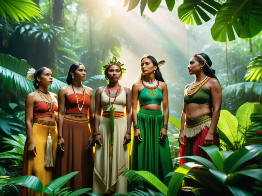 Un grupo de mujeres indígenas en la exuberante selva, irradiando fuerza y conexión con la tierra, capturando la esencia del ecofeminismo indígena sabiduría ancestral