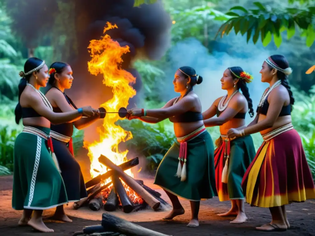 Grupo de mujeres indígenas danzando alrededor de un fuego, irradiando fuerza y sabiduría ancestral en un entorno natural