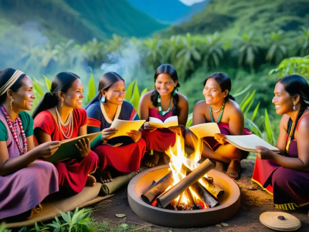 Grupo de mujeres indígenas preservando idiomas en un taller de lenguaje, rodeadas de naturaleza, con prendas tradicionales coloridas