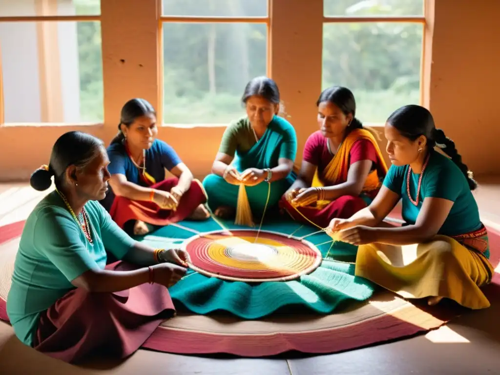 Un grupo de mujeres indígenas tejen textiles con métodos tradicionales, resaltando la identidad cultural en filosofía textil