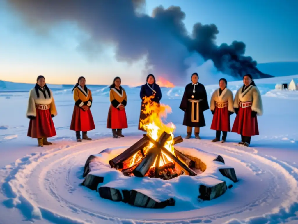 Grupo de mujeres indígenas en vestimenta tradicional reunidas alrededor de una fogata en el Ártico, reflejando fuerza y espiritualidad femenina