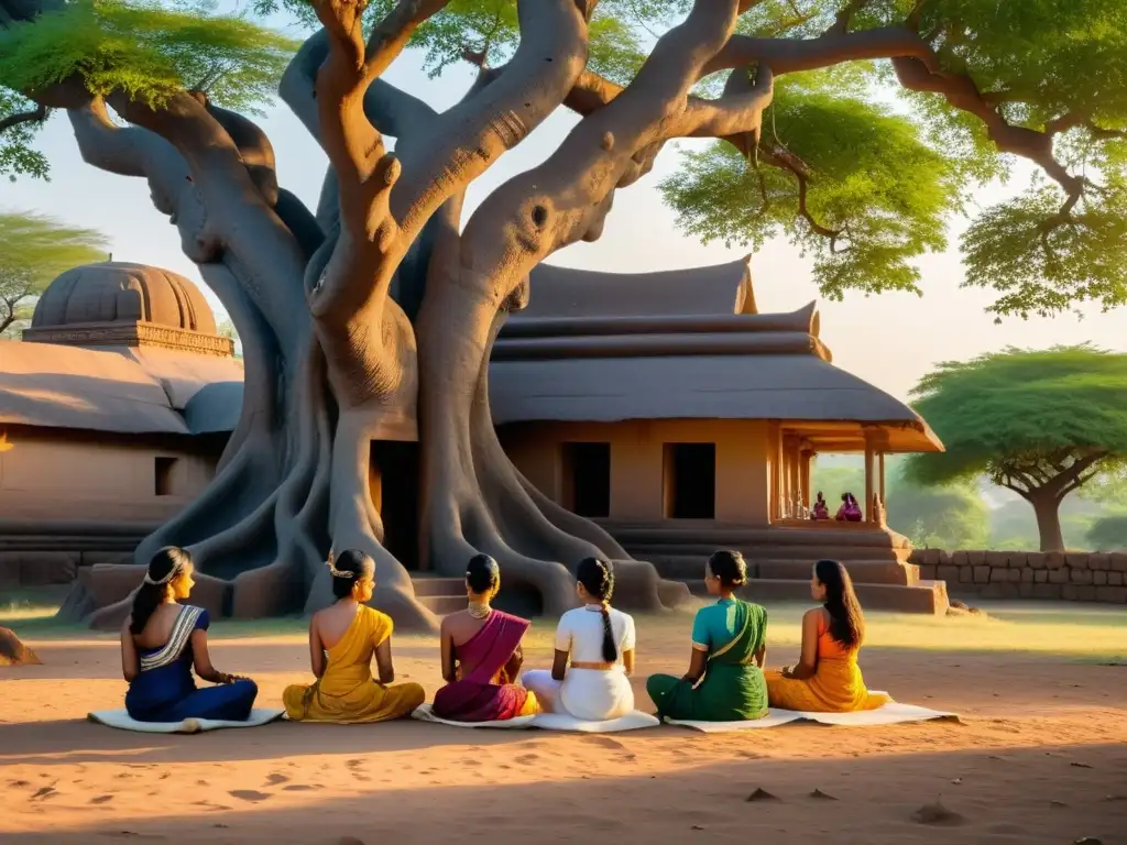 Un grupo de mujeres jainistas en meditación bajo un árbol sagrado, reflejando el rol de la mujer en el Jainismo con serenidad y reverencia