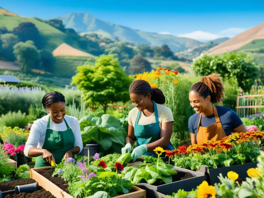 Un grupo de mujeres diversas trabajando juntas en un exuberante jardín comunitario, rodeadas de flores vibrantes y plantas