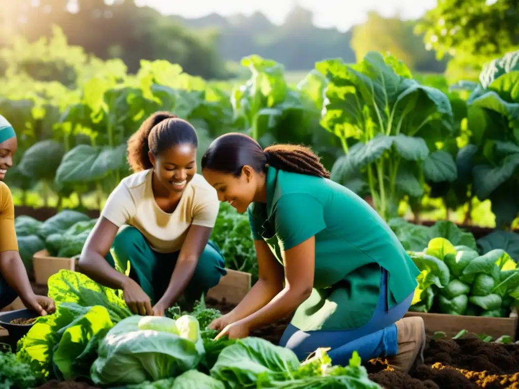 Un grupo de mujeres diversas trabajando juntas en una granja orgánica, en armonía con la tierra