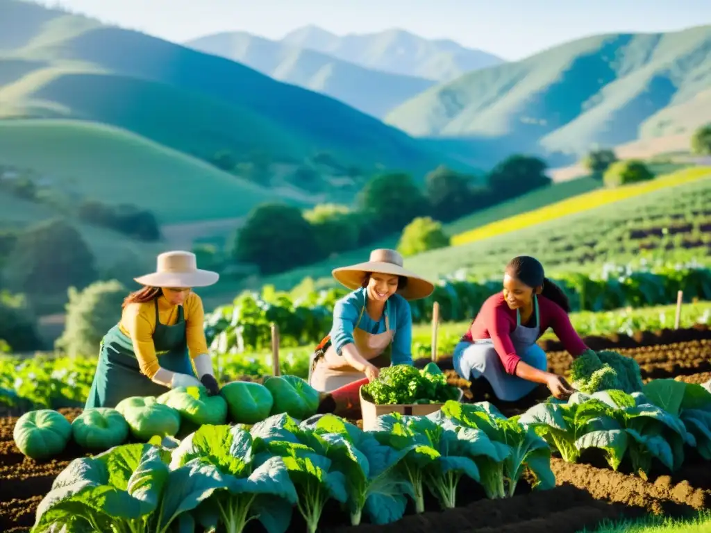 Un grupo de mujeres trabajando juntas en una granja exuberante y vibrante, cultivando frutas y verduras