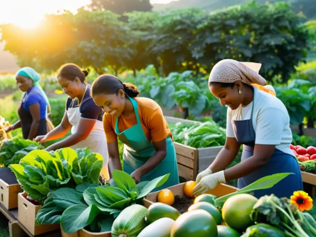 Un grupo de mujeres trabajando juntas en un huerto comunitario, cultivando frutas y verduras