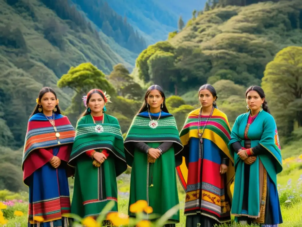Grupo de mujeres Mapuche tejiendo en un bosque exuberante, rodeadas de flores silvestres y montañas nevadas