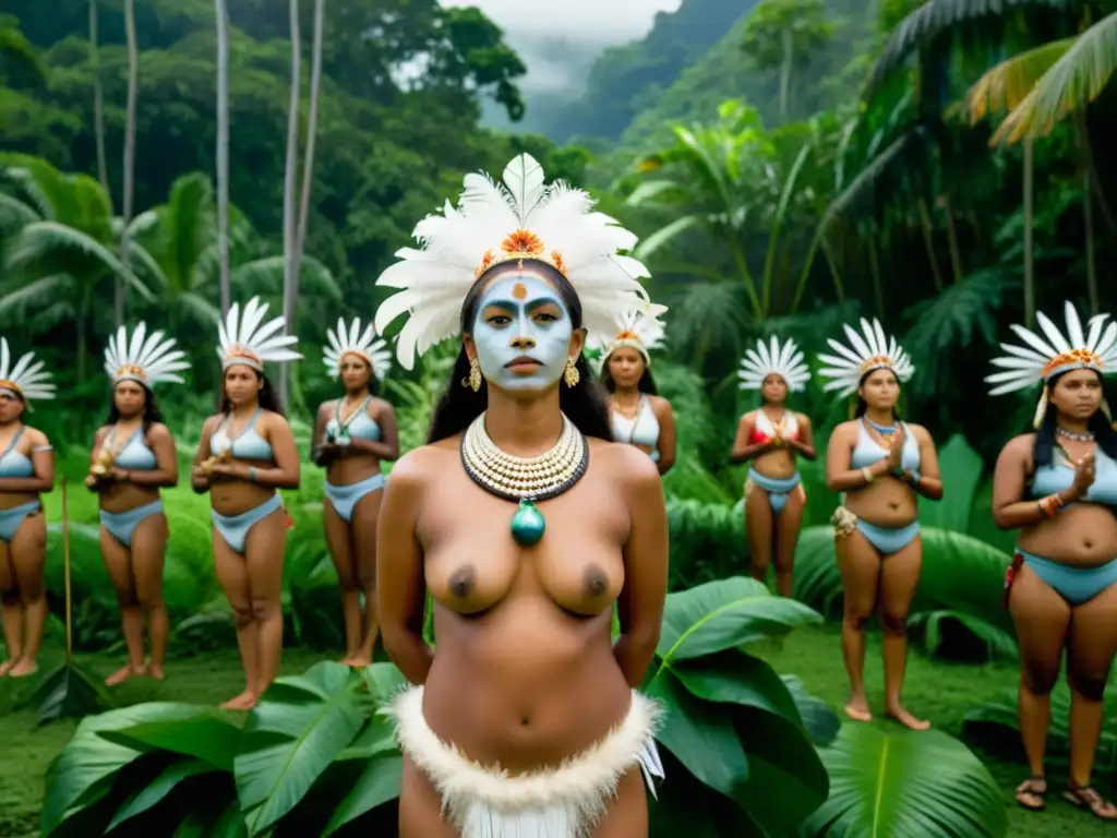 Grupo de mujeres oceanicas en ritual sagrado, exudando poder femenino en tradiciones de Oceanía, rodeadas de exuberante flora tropical
