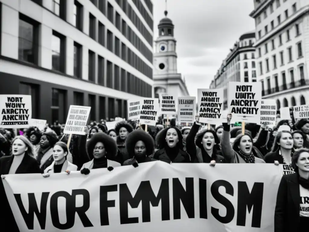 Grupo de mujeres marchando con pancartas feministas y anarquistas en la ciudad, expresando fuerza y unidad