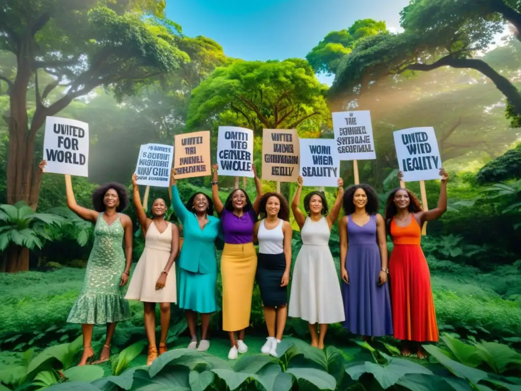 Grupo de mujeres en protesta pacífica por justicia ambiental y equidad de género, rodeadas de naturaleza