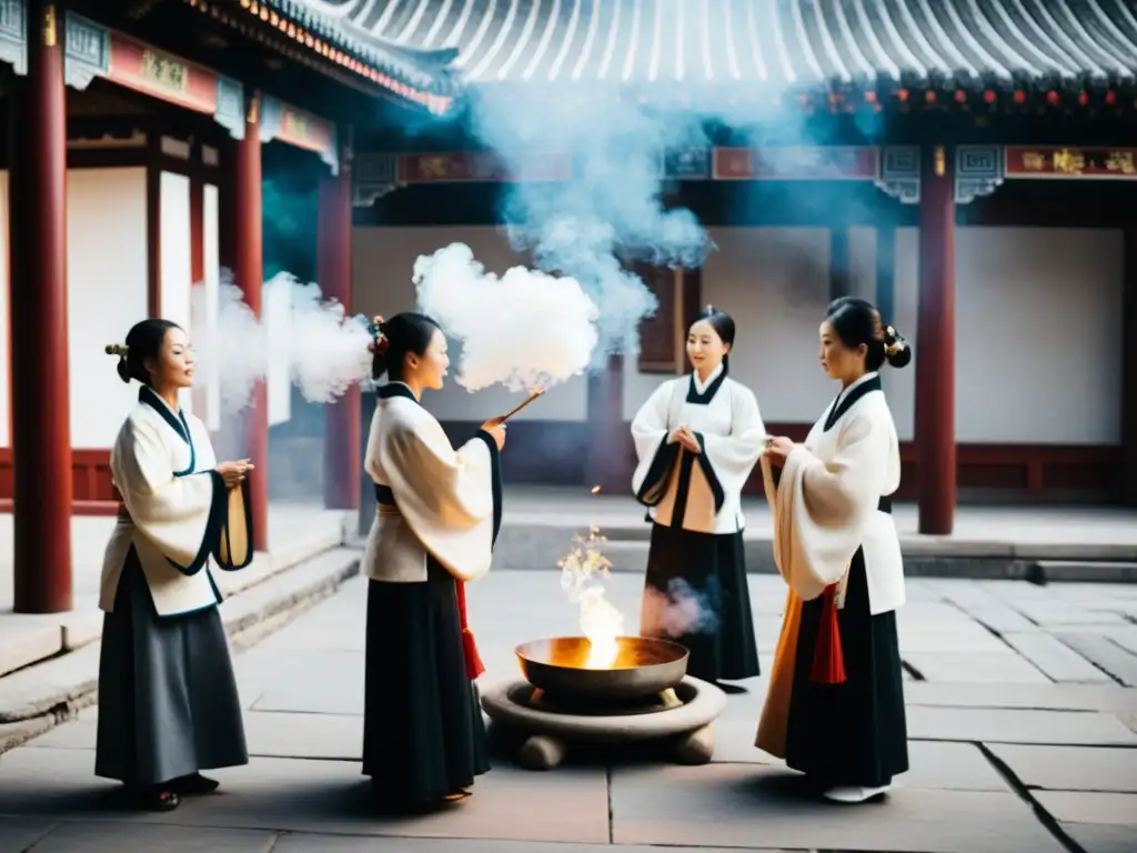 Un grupo de mujeres practica rituales tradicionales confucianos en un tranquilo templo