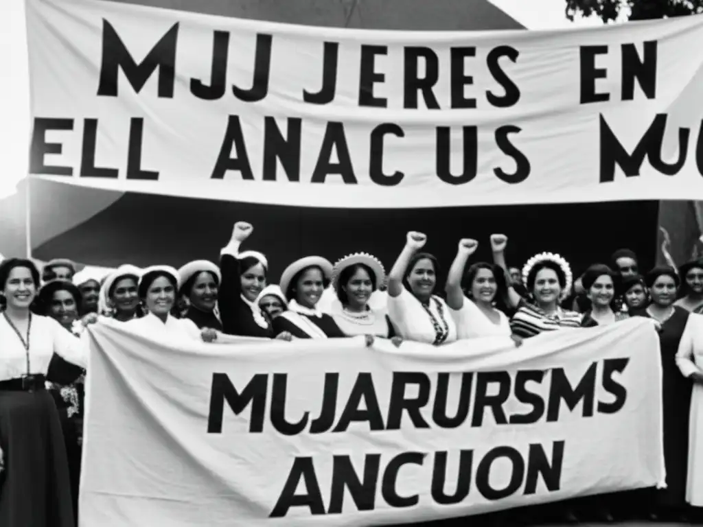 Un grupo de mujeres en ropa del siglo XX levantan el puño frente a un cartel que dice 'Mujeres en el anarquismo: Historias de lucha y emancipación'