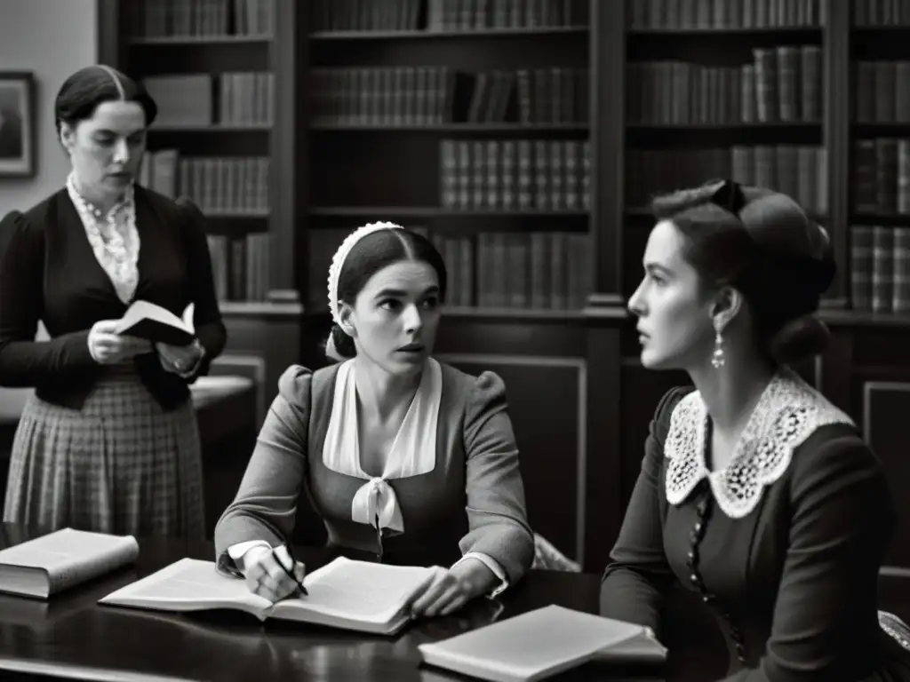 Grupo de mujeres del siglo XIX debatiendo ideas feministas y filosóficas en una habitación oscura llena de libros