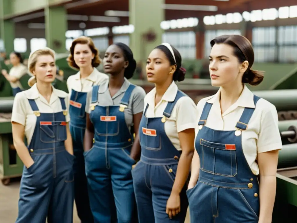 Grupo de mujeres trabajadoras en una fábrica del comunismo, mostrando su determinación y papel activo en la sociedad