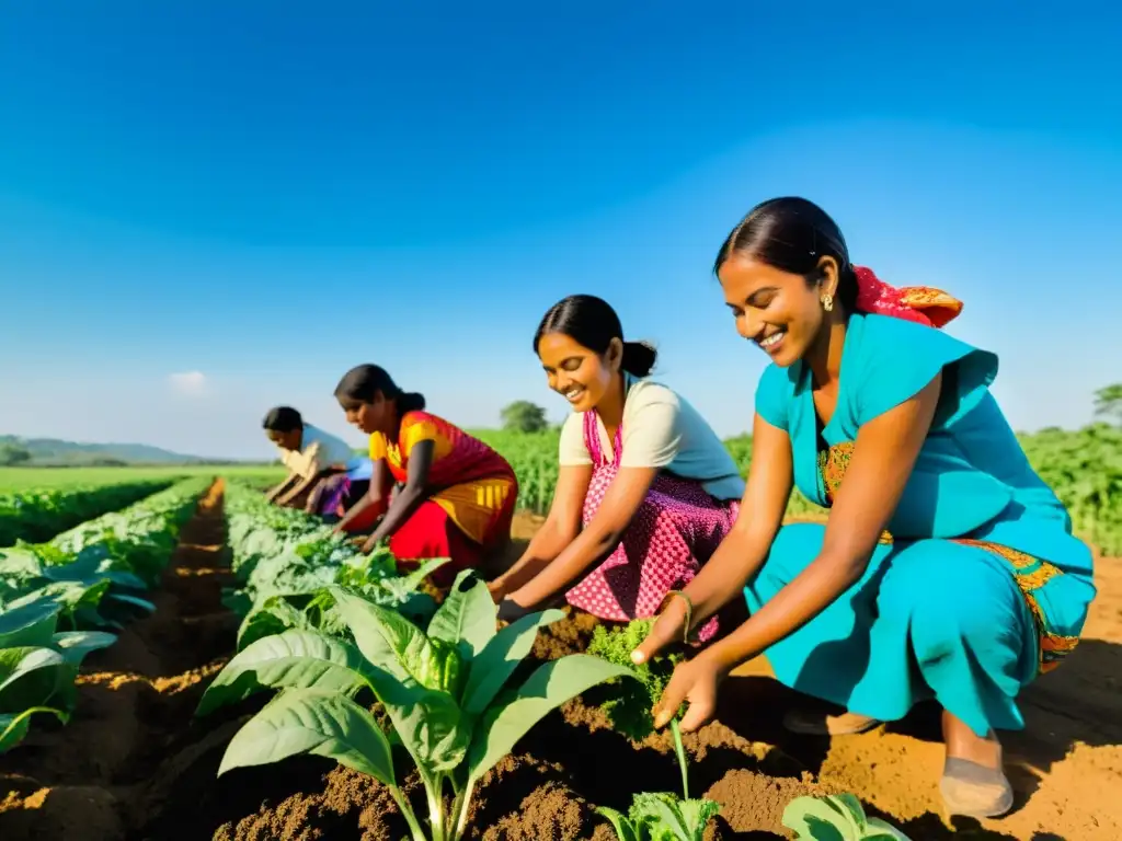 Un grupo de mujeres en trajes tradicionales trabaja en un campo exuberante y vibrante, plantando semillas con determinación bajo el brillante sol