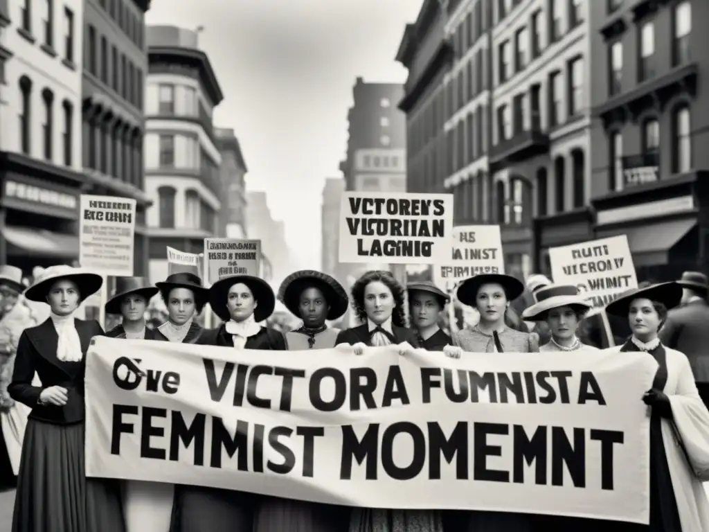 Grupo de mujeres victorianas con pancartas feministas en la historia del feminismo filosófico