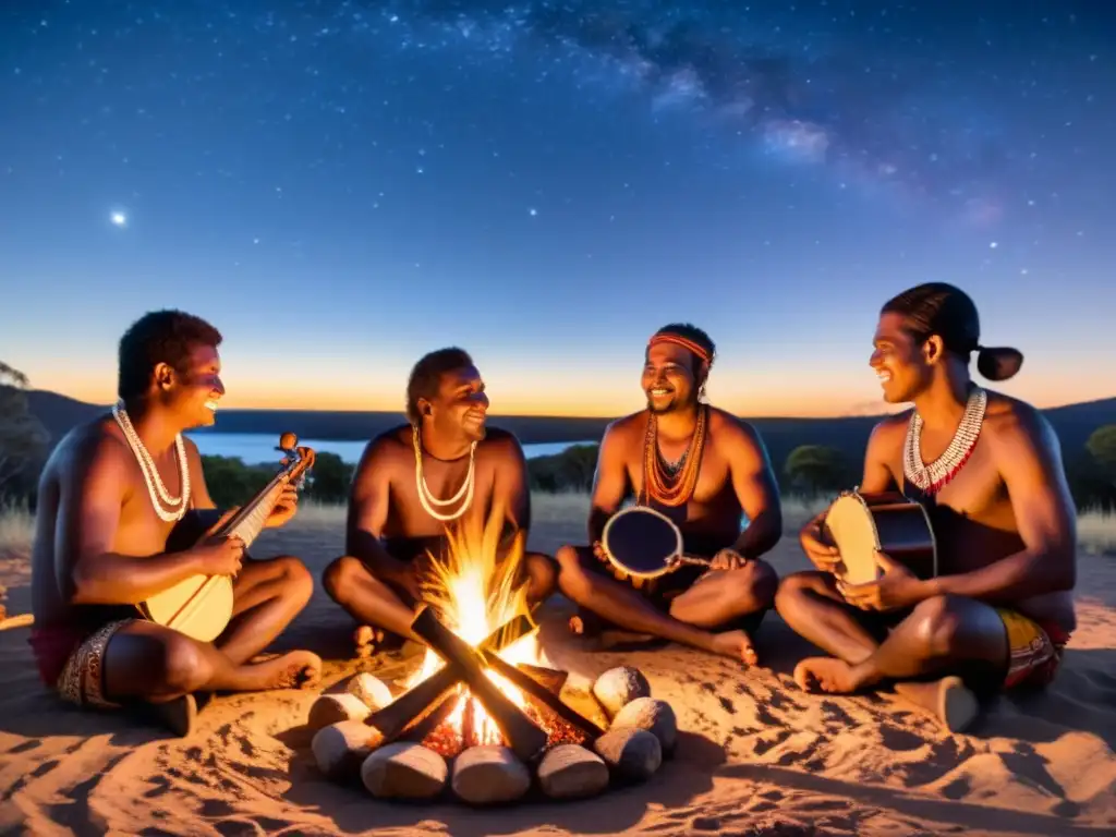 Un grupo de músicos indígenas australianos tocan instrumentos tradicionales alrededor de una fogata bajo un cielo estrellado