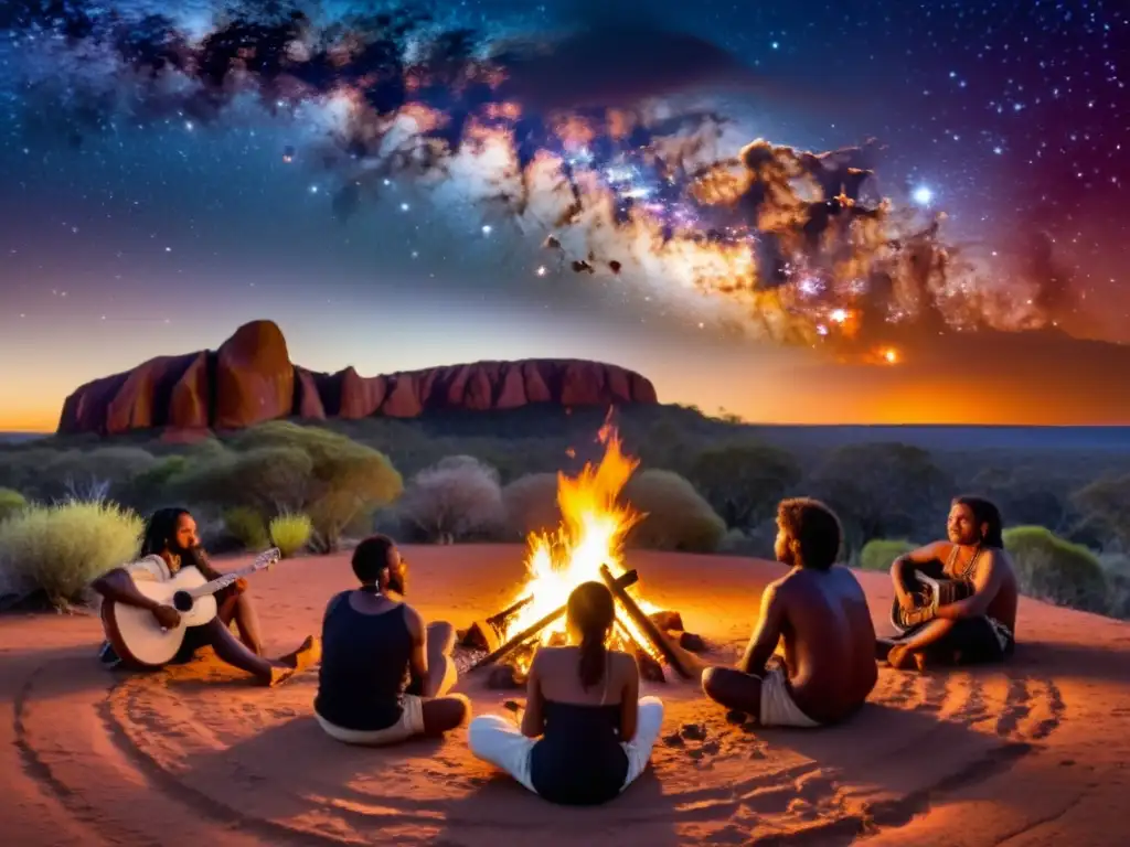 Grupo de músicos indígenas australianos tocando instrumentos tradicionales alrededor del fuego, con un significado profundo en su música y conexión con la tierra