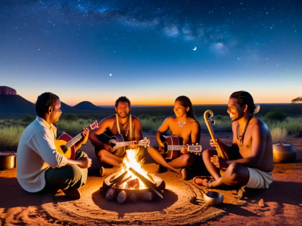 Grupo de músicos indígenas australianos tocando instrumentos tradicionales alrededor de una fogata bajo un cielo estrellado en el outback, transmitiendo el significado profundo de la música indígena australiana