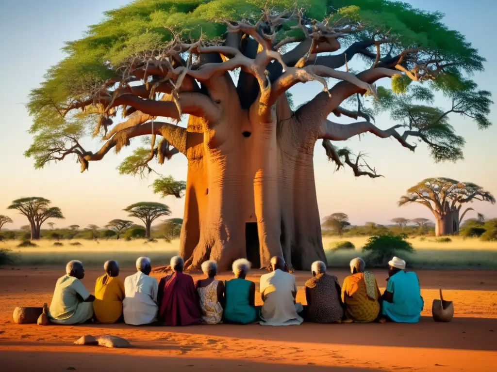 Un grupo de ancianos comparte narrativas en enseñanzas filosóficas subsaharianas bajo un baobab al atardecer
