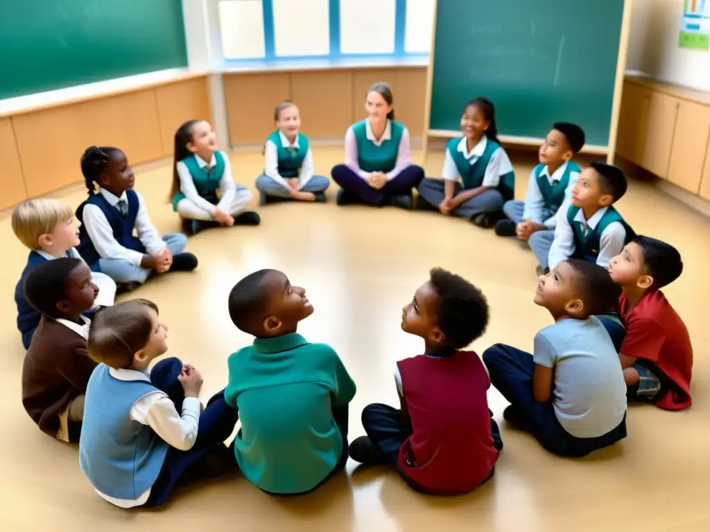 Grupo de niños inmersos en una animada discusión filosófica en el aula
