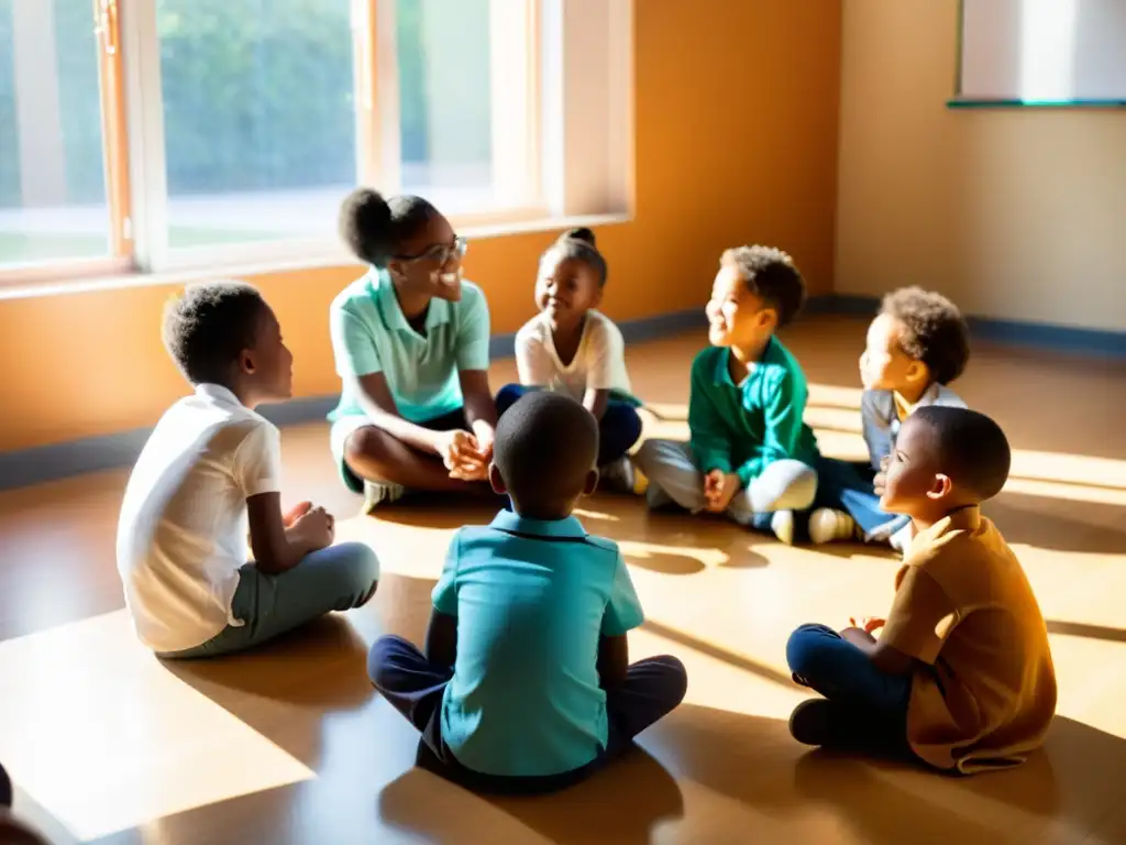 Un grupo de niños participa en juegos educativos filosóficos en un aula llena de luz y color