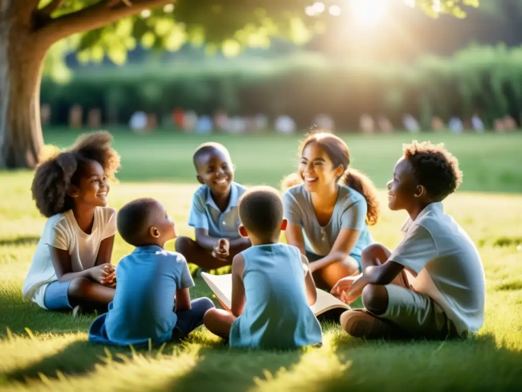 Grupo de niños participando en juegos educativos de filosofía con su maestra en un campo soleado entre árboles