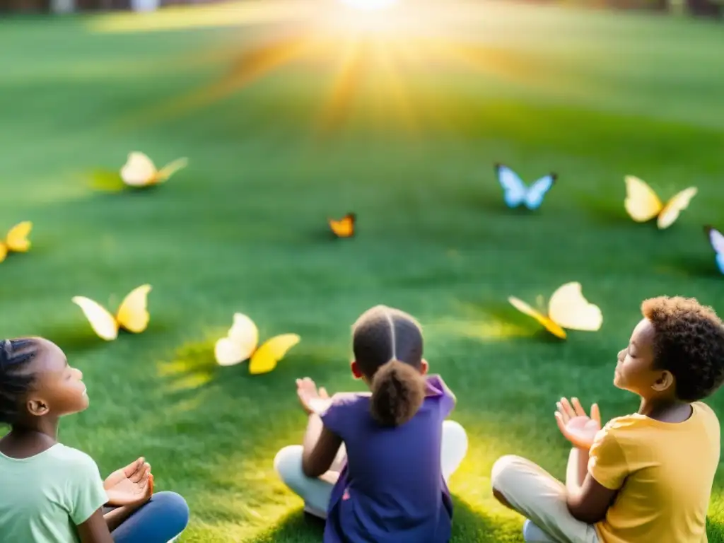 Grupo de niños en meditación mindfulness en la naturaleza, con beneficios del mindfulness en educación