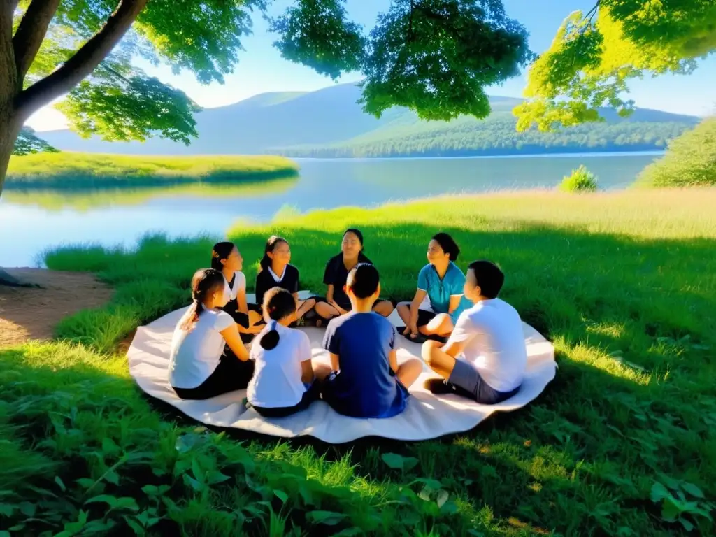Grupo de niños de primaria practicando mindfulness en un campo soleado