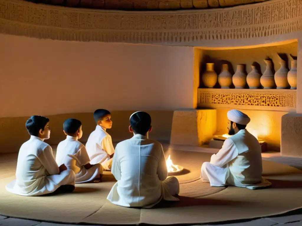 Grupo de niños zoroástricos escuchando atentamente los rituales de iniciación en un antiguo templo iluminado