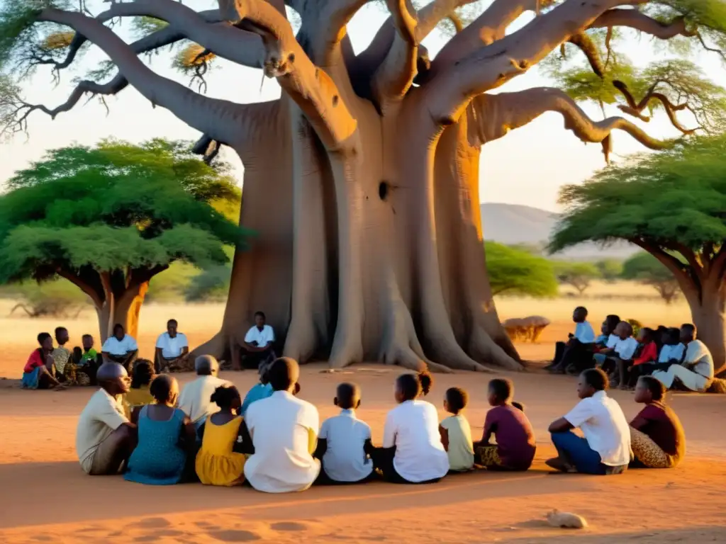 Grupo de griots comparten la filosofía griots en África Occidental bajo un baobab al atardecer, cautivando a su audiencia con historias y música