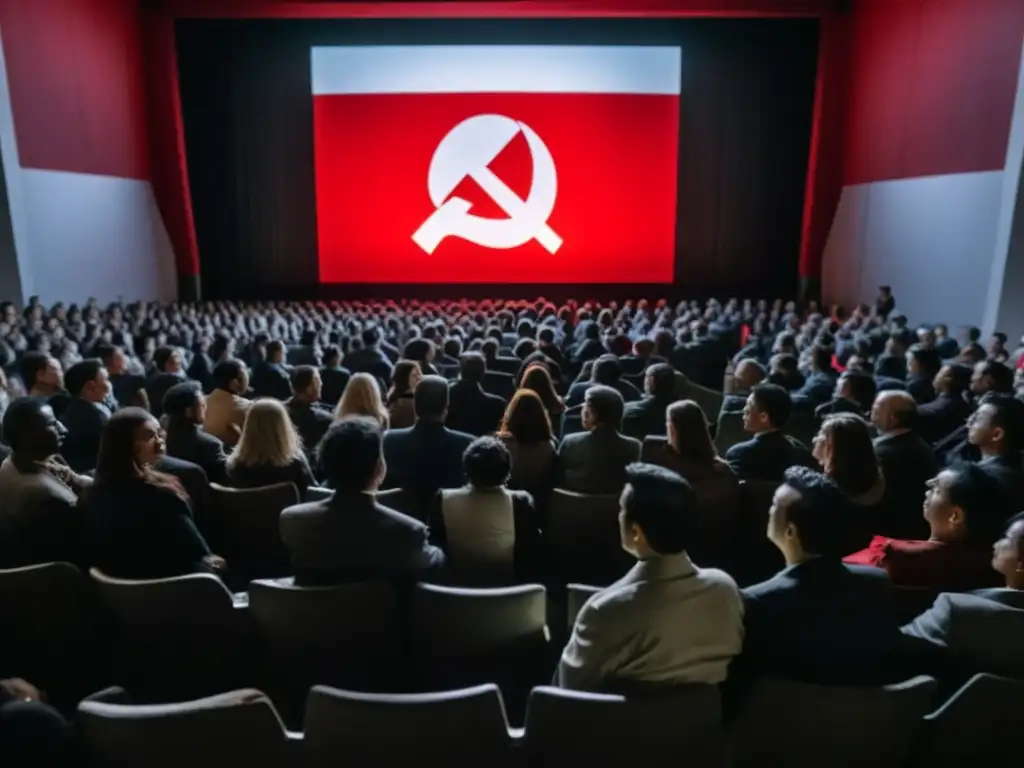 Grupo viendo película en blanco y negro sobre trabajadores en fábrica con bandera roja