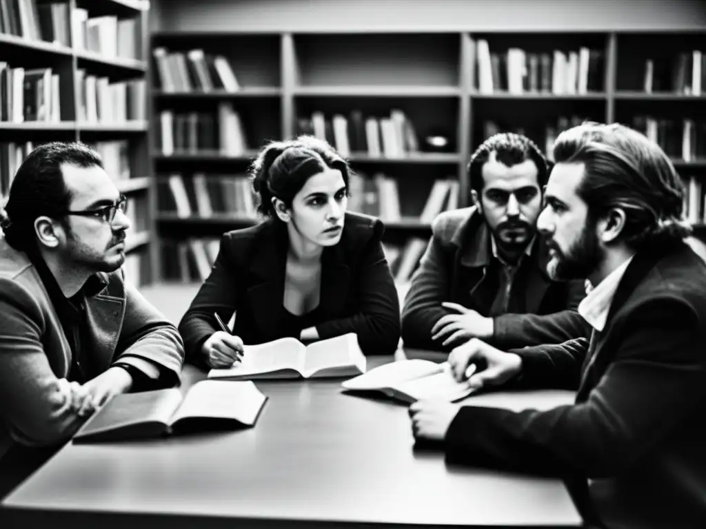 Grupo de pensadores clave del anarquismo inmersos en una apasionada discusión en una habitación llena de libros