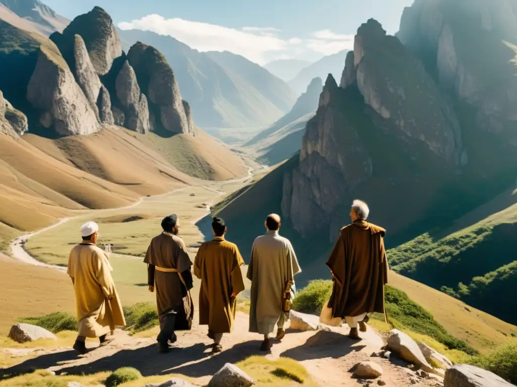 Un grupo de peregrinos idealistas, inmersos en una profunda conversación filosófica mientras recorren un sendero de montaña
