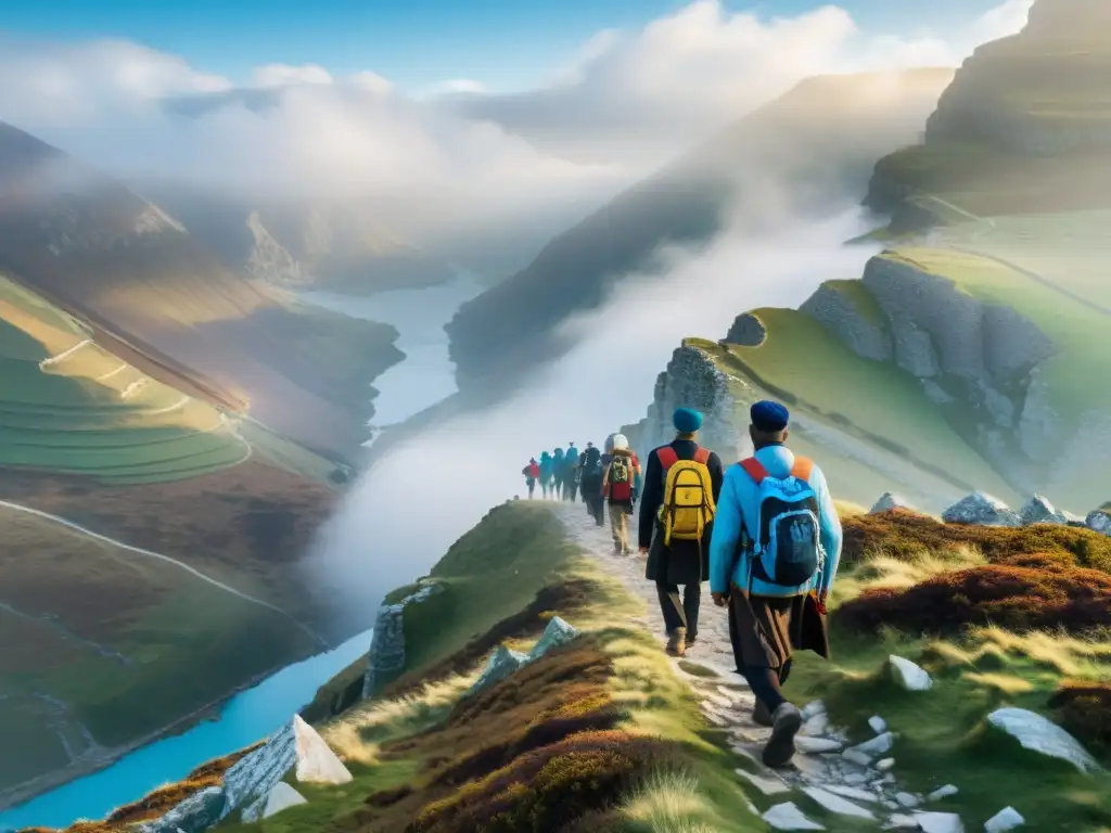Un grupo de peregrinos modernos camina por un sendero montañoso, con ruinas antiguas y un cielo azul vibrante de fondo