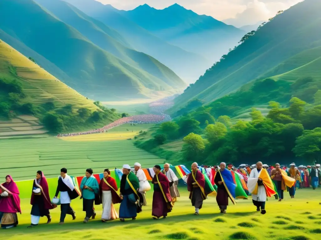 Un grupo de peregrinos camina hacia un sitio sagrado del budismo, con montañas verdes y banderas de oración al viento
