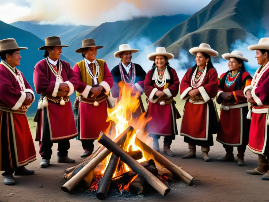 Un grupo de personas andinas en trajes tradicionales bailando alrededor de una fogata en una ceremonia