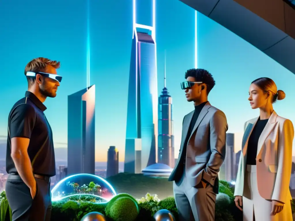 Un grupo de personas viste atuendos futuristas frente a una ciudad hightech y jardines verticales, interactuando con realidad aumentada