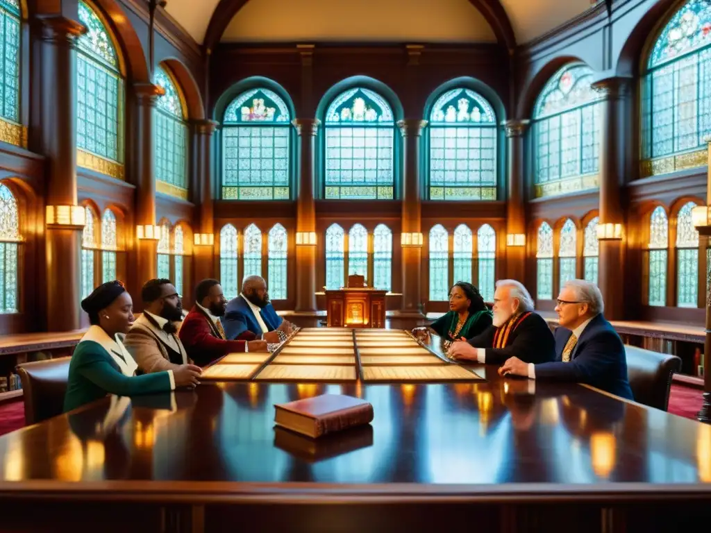 Un grupo de personas viste atuendos históricos y debate apasionadamente en una biblioteca ornamentada