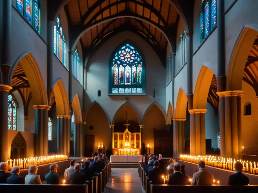 Un grupo de personas en una catedral iluminadas por velas, rezando en un ambiente solemne