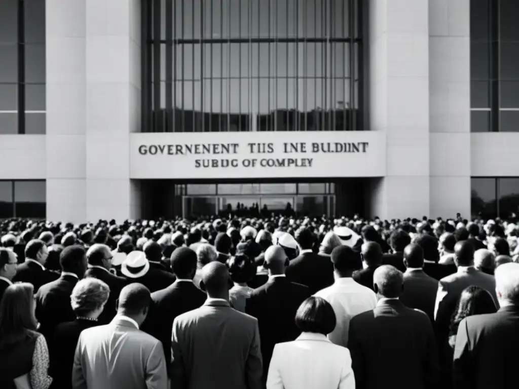 Grupo de personas en fila afuera de un edificio gubernamental, rostros cansados y preocupados