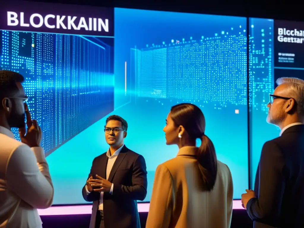 Un grupo de personas se reúnen frente a una pantalla digital con visualizaciones de datos de blockchain