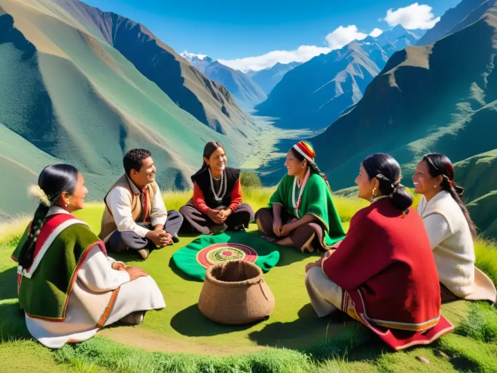 Grupo de personas indígenas andinas en círculo, rodeados de montañas verdes y cielo azul