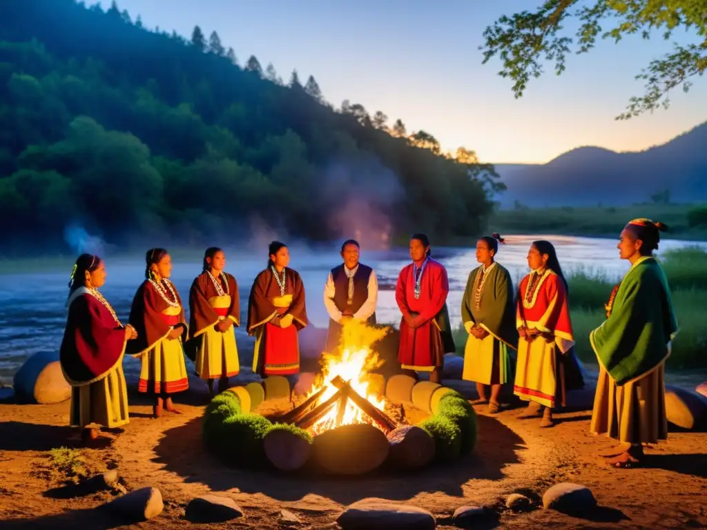 Un grupo de personas indígenas realiza una ceremonia tradicional alrededor del fuego, en conexión espiritual con la naturaleza y sus tradiciones